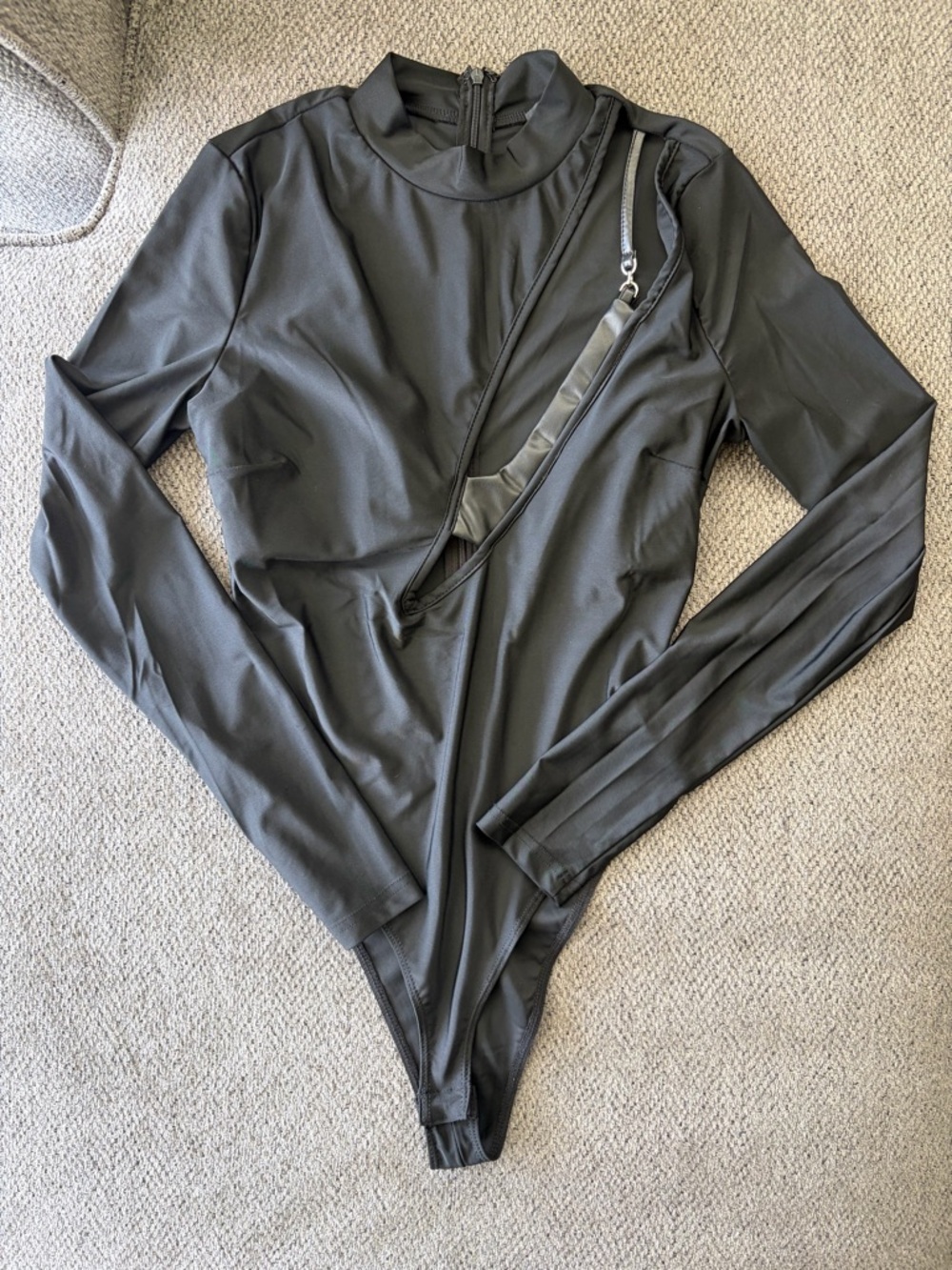 Black Long-sleeve Bodysuit with Faux Leather Bra Cutout
